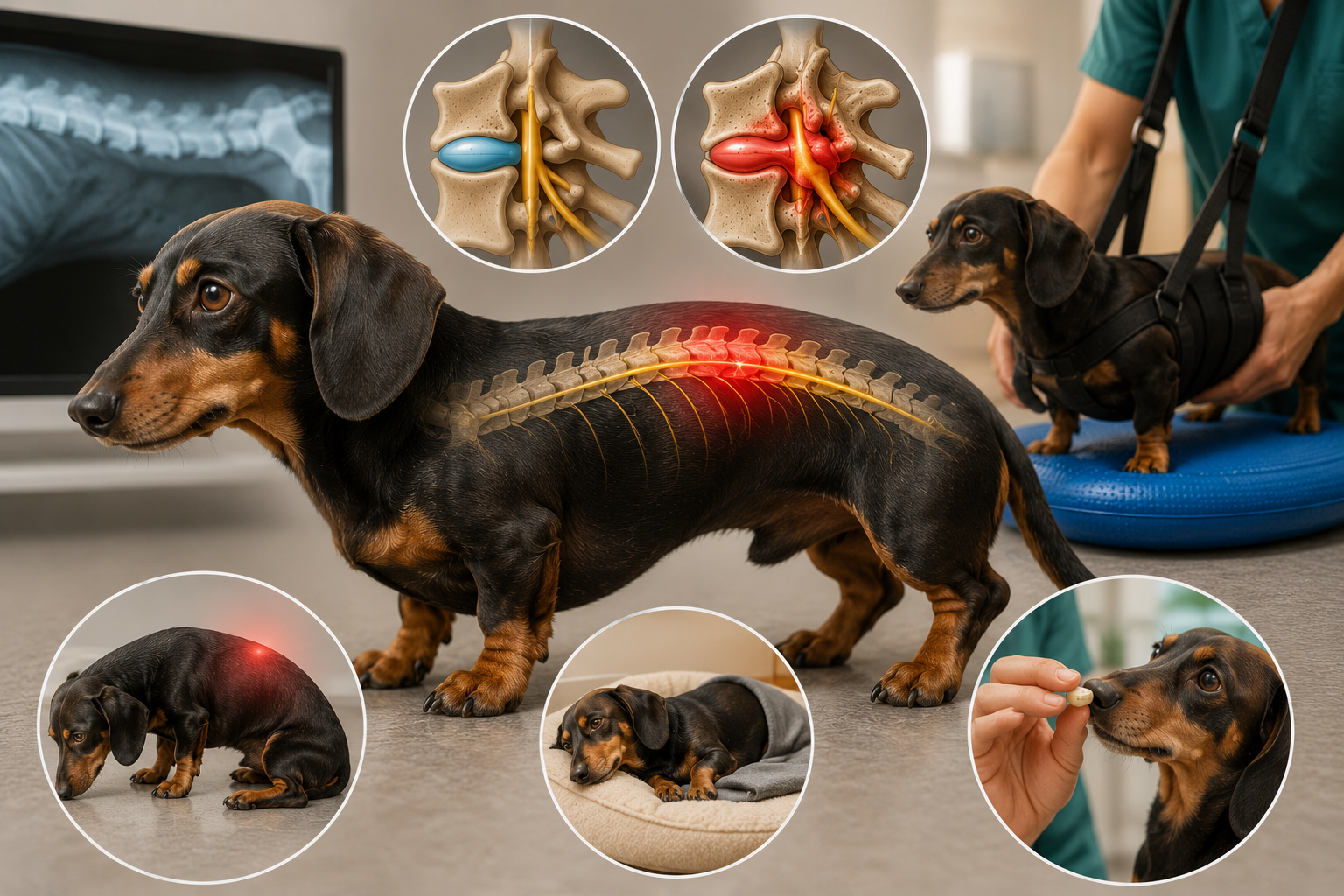 Medical illustration of a dachshund with highlighted spinal anatomy showing intervertebral disc disease (IVDD), alongside veterinary rehabilitation, pain management, and treatment-related visuals.