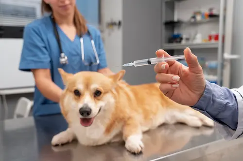 Veterinarian preparing vaccine for a dog as part of the Nobivac dog vaccine