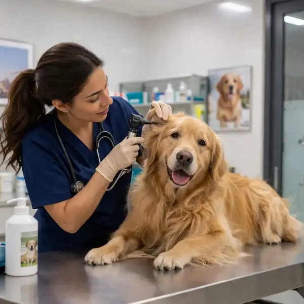 Veterinarian treating pet for seasonal allergies and skin irritation in Dubai clinic