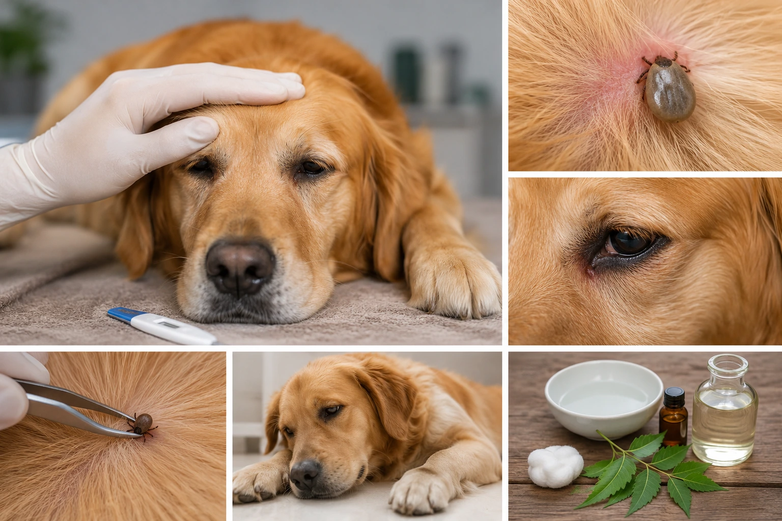 Golden retriever showing signs of tick fever with visible ticks on fur, fatigue symptoms, tick removal, and home care treatment setup.