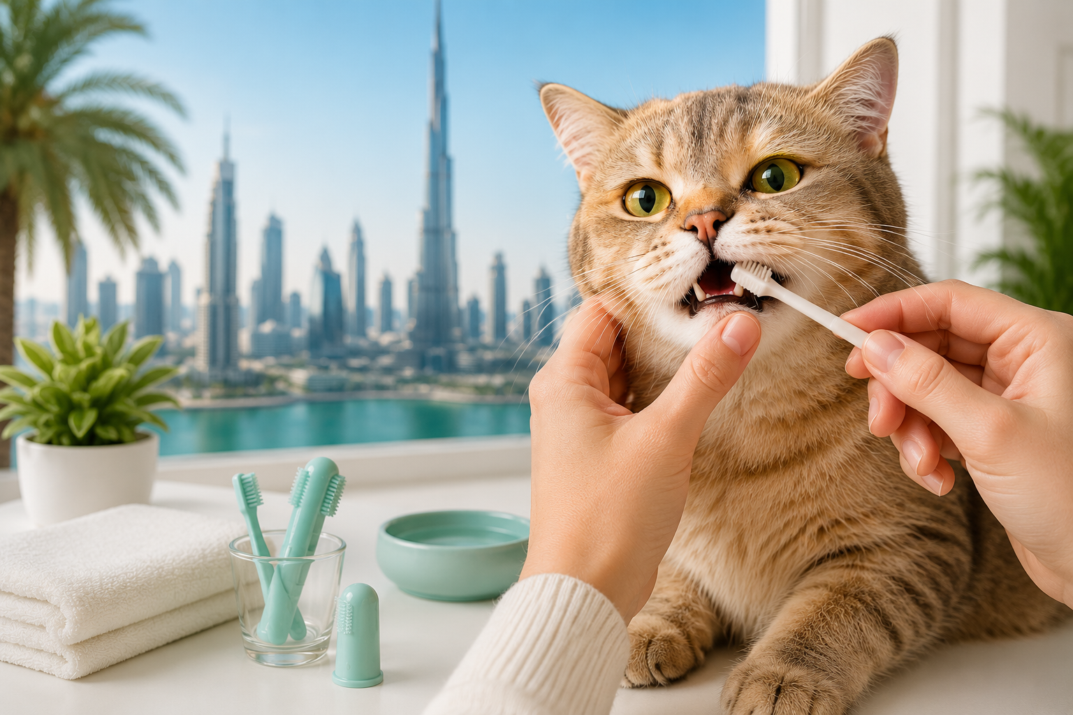 Pet owner gently brushing a cat's teeth at home with a pet toothbrush in a bright Dubai-inspired indoor setting.