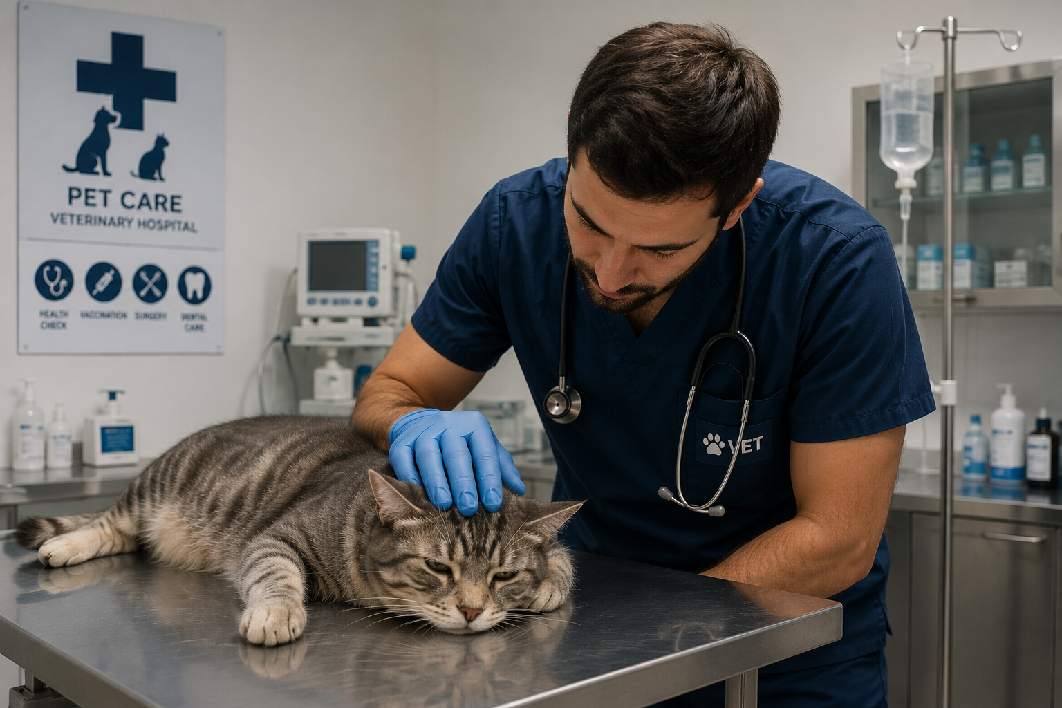 Vet examining a cat for urinary crystals during a clinical checkup