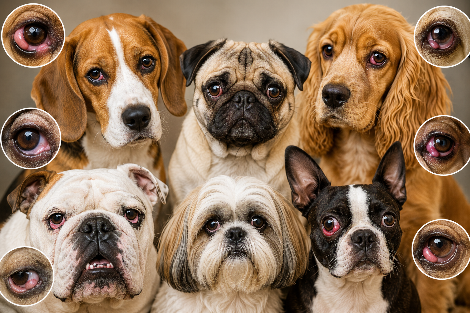 Collection of dog breeds prone to eyelid disorders, including Bulldogs, Pugs, Beagles, Shih Tzus, and Cocker Spaniels, with visible eye irritation symptoms.