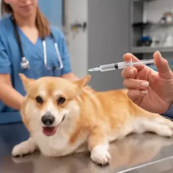 Veterinarian preparing vaccine for a dog as part of the Nobivac dog vaccine