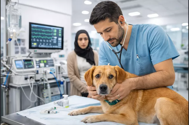 Dog receiving emergency veterinary care in Dubai, urgent pet treatment