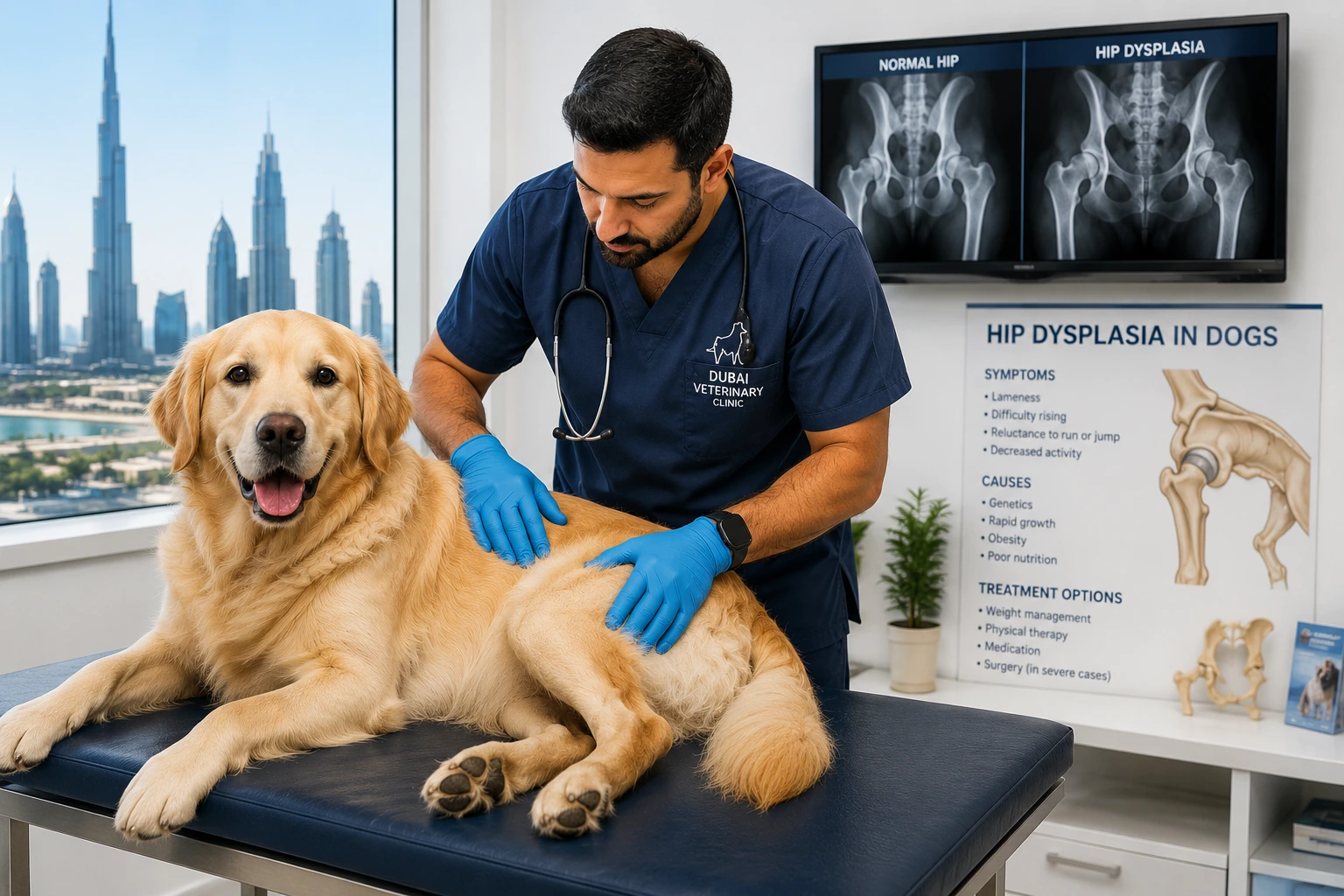Alt Text: Veterinarian examining a Golden Retriever for hip dysplasia in a modern Dubai veterinary clinic during an orthopedic assessment.