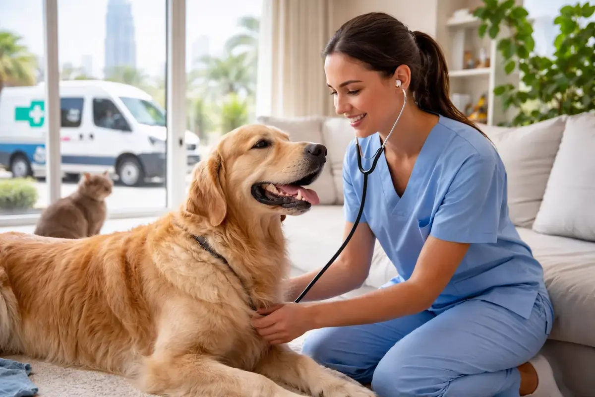 Mobile veterinarian in Dubai performing a home checkup on a golden retriever inside a modern apartment with city skyline view.