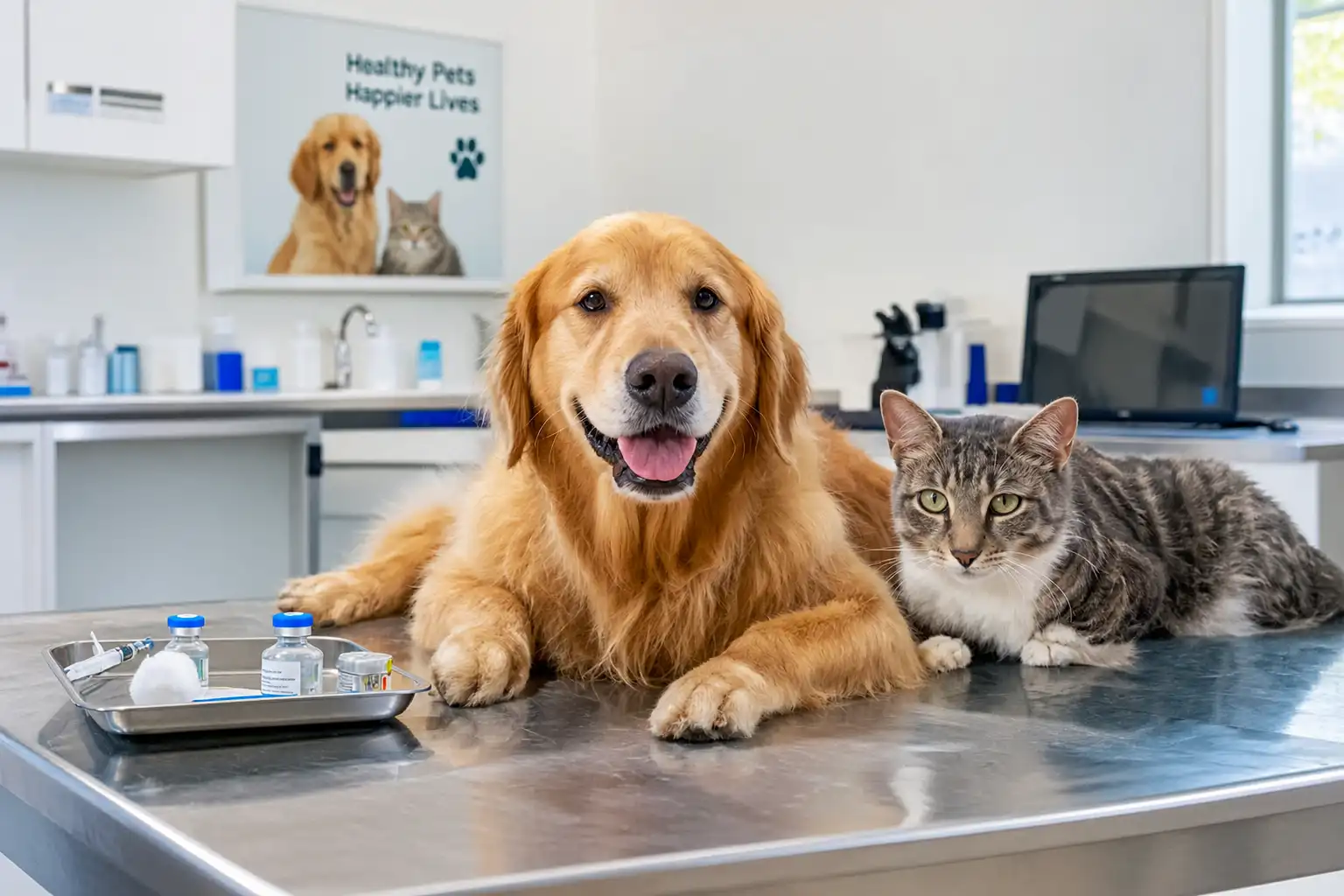 Dog and cat at a veterinary clinic for pet vaccinations in Dubai.