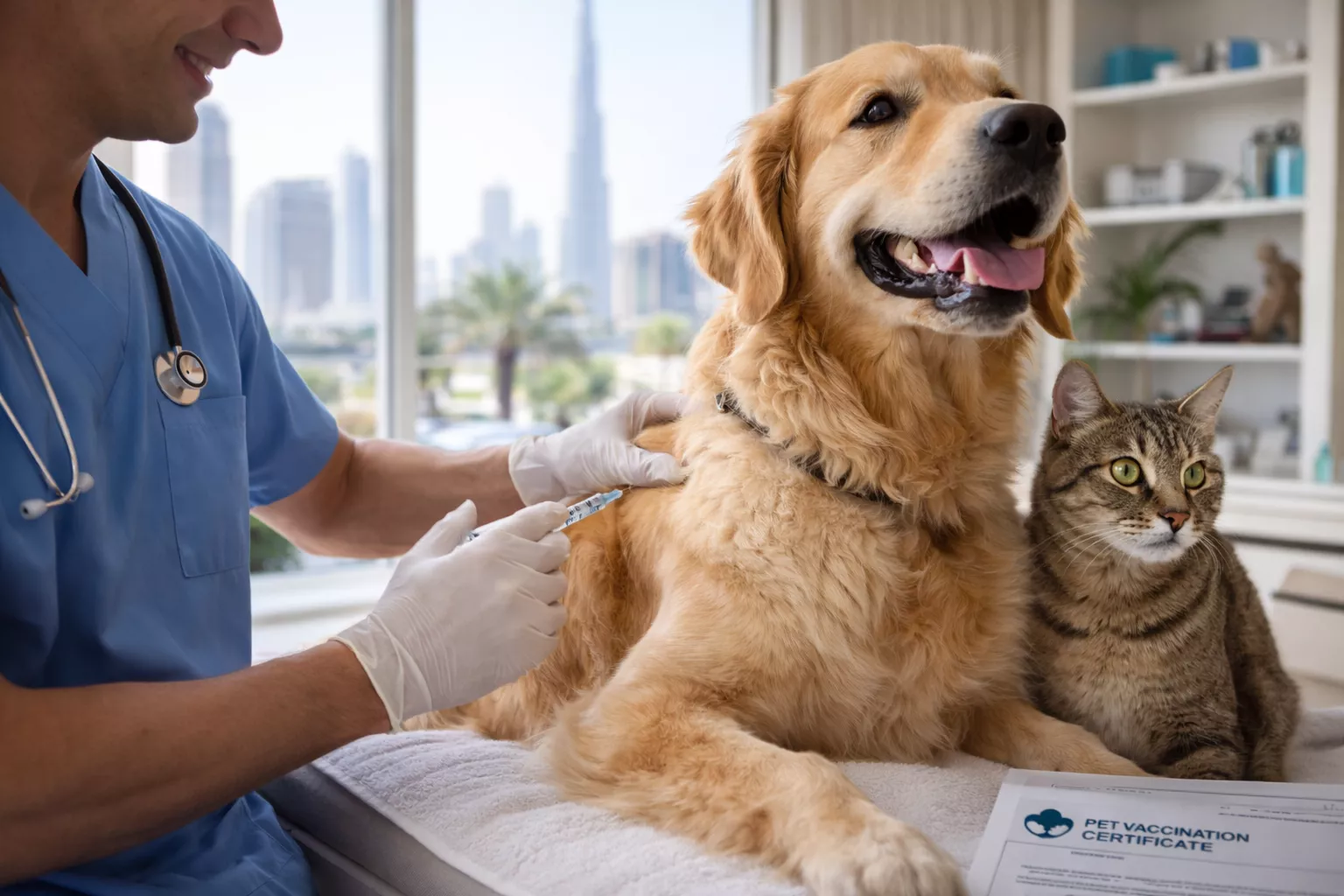 Veterinarian administering a vaccine to a golden retriever with a cat beside it inside a modern Dubai veterinary clinic.